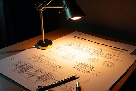 Schizzi di design e disegni tecnici su un tavolo da disegno illuminato da una lampada da architetto.