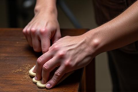 Primo piano delle mani di un artigiano che leviga un pezzo di legno pregiato.