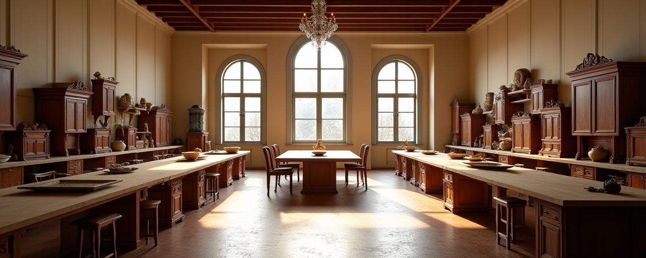 Veduta panoramica di un elegante laboratorio artigianale a Firenze, con arredi in legno pregiato e luce soffusa.