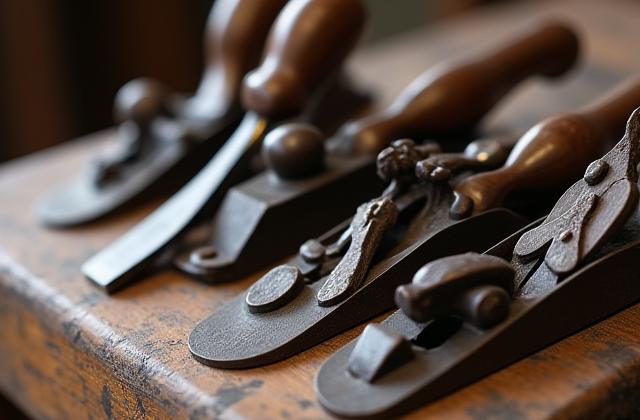 Primo piano su antichi strumenti di ebanisteria in legno, simbolo di tradizione artigiana.