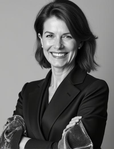 Ritratto professionale in bianco e nero di una donna sorridente, designer di tessuti, con campioni di stoffa in mano.