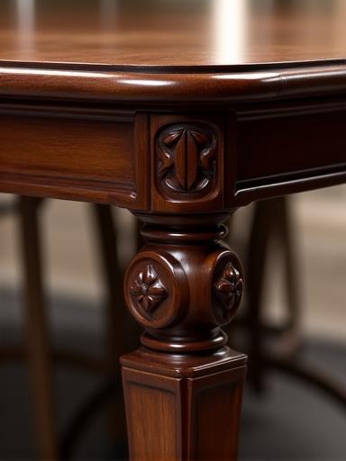 Dettaglio di un tavolo da pranzo su misura in legno di noce lucido con gambe scolpite.