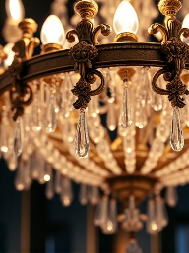 Primo piano di un lampadario artigianale in ottone e vetro di Murano con dettagli classici.