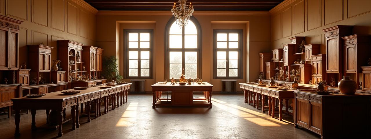 Vista ampia di un laboratorio artigianale di falegnameria con luce soffusa dorata che illumina mobili classici in lavorazione.
