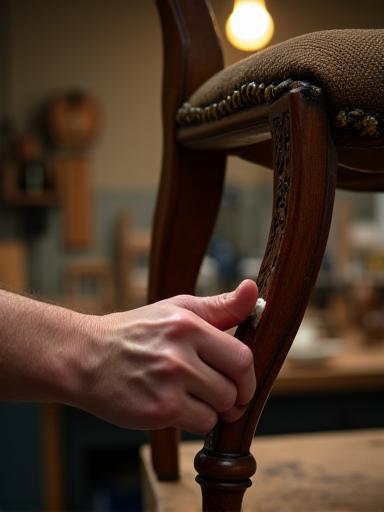 Mano di artigiano che lucida con cura la gamba intagliata di una sedia d'epoca in un laboratorio illuminato.