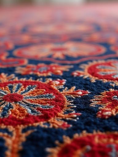 Primo piano di un tappeto persiano annodato a mano con ricchi colori e dettagli intricati.