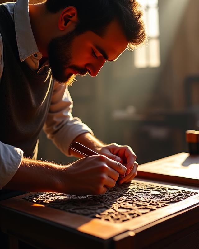 Artigiano fiorentino che intaglia il legno in una bottega storica.