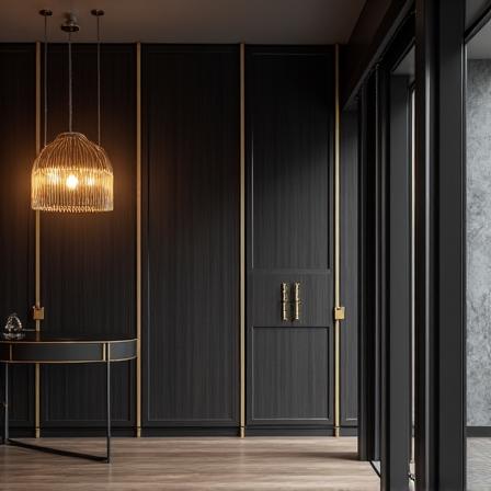 Appartamento moderno a Roma con boiserie scura e dettagli in ottone.