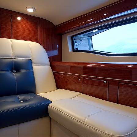 Interno di lussuoso yacht con finiture in pelle nautica e legno lucido.