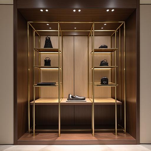 Interno di boutique di lusso a Roma con scaffali personalizzati in ottone lucido e rovere scuro.