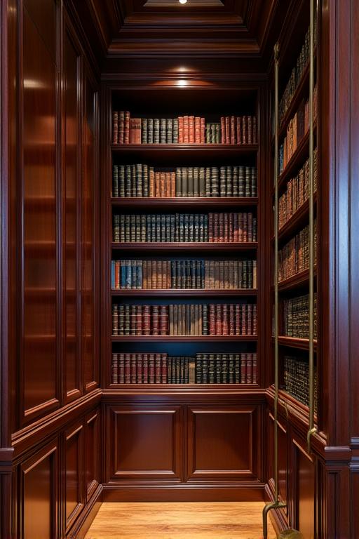 Libreria a muro su misura in legno scuro, elegante e classica, con scala in bronzo.