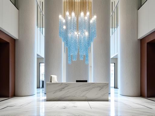 Lobby di un hotel a 5 stelle con bancone reception in marmo e lampadari in vetro soffiato personalizzati.
