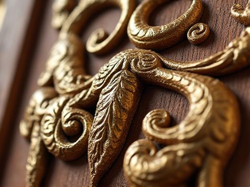 Primo piano di un pannello in legno antico finemente restaurato, con dettagli d'oro recuperati.