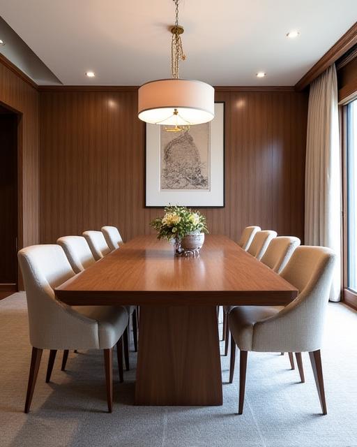 Sala da pranzo moderna con tavolo su misura in noce e sedie rivestite con tessuti artigianali italiani.