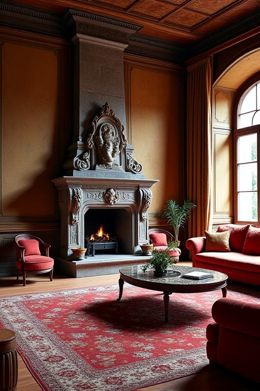 Salotto di lusso in Villa storica, Firenze. Divani in velluto e tavolo in legno intarsiato.